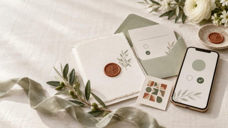 Styled flat lay of a wedding RSVP suite with textured ivory cards, sage envelopes, botanical accents, wax seals, a patterned insert, and a smartphone displaying simple response icons.
