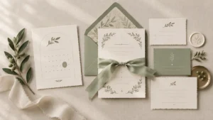 Overhead flat lay of a sage green and ivory wedding stationery suite with deckle-edged cards, botanical illustrations, an open patterned envelope, a silk ribbon bow, olive branches, a wax seal, and a small brass dish on textured linen.