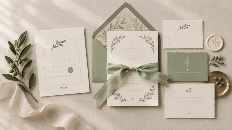 Overhead flat lay of a sage green and ivory wedding stationery suite with deckle-edged cards, botanical illustrations, an open patterned envelope, a silk ribbon bow, olive branches, a wax seal, and a small brass dish on textured linen.