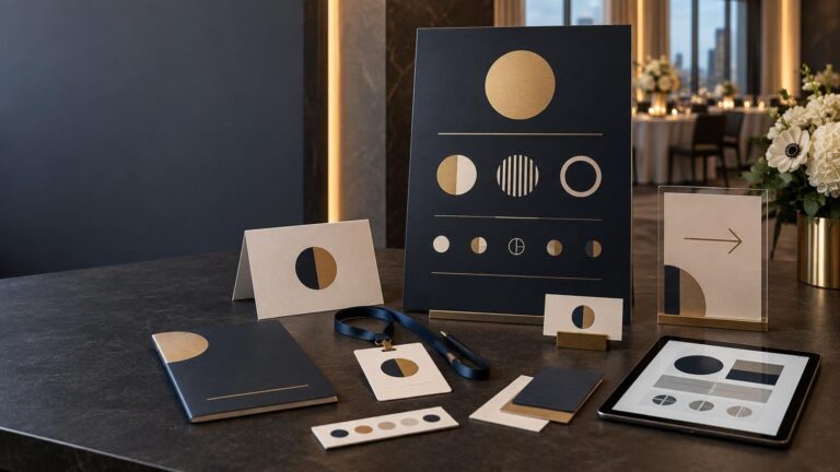 Elegant corporate event stationery and signage displayed on a dark table, using navy, cream, and gold geometric circle motifs, with a lanyard badge, directional arrow sign, tablet, and white floral arrangement in a softly lit venue.