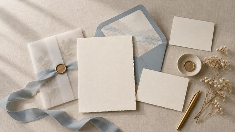 Overhead flat lay of a blank textured wedding invitation suite with blue-gray envelopes, a soft ribbon and wax seal, handmade paper cards, a gold pen, and dried baby’s breath on neutral linen.