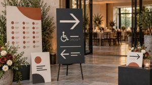 Elegant event entrance with floral arrangements, a seating-display board, and dark directional signs featuring large arrows, a wheelchair symbol, and raised-dot markings.