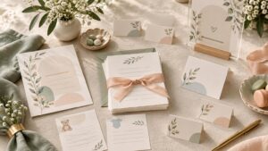 Pastel botanical baby shower stationery arranged on a linen-covered table, including blank cards, folded place cards, a clear acrylic sign, envelopes, ribbon-tied paper stack, flowers, macarons, and a gold pen.