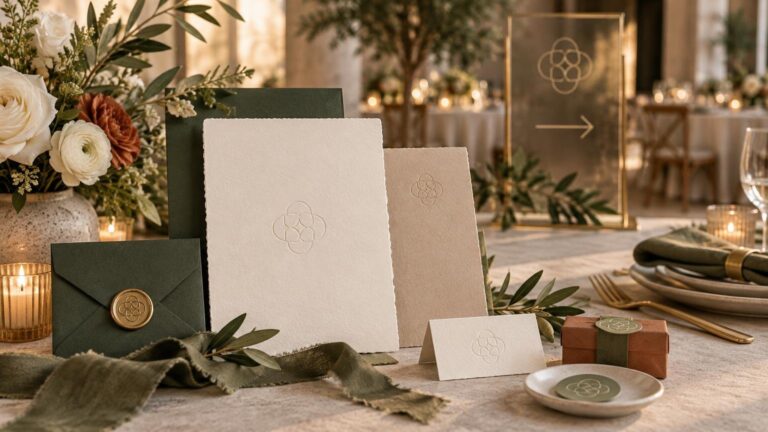 Elegant olive, ivory, and bronze event stationery suite with embossed geometric monogram-like marks, wax-sealed envelope, place card, favor box, flowers, candles, and a matching directional sign on a softly lit table.