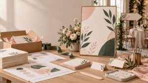 Elegant event stationery production workspace with printed botanical cards, a framed welcome-sign design, ribbon, envelopes, flowers, brushes, and a softly lit reception setup in the background.