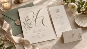 Warmly lit overhead photograph of an elegant sage-green and ivory event stationery suite with botanical illustrations, a wax-sealed envelope, folded place card, ribbon, candle, flowers, and gold-rimmed tableware on textured linen.