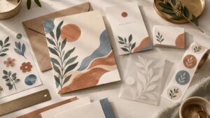 Overhead photograph of a coordinated stationery suite with botanical illustrations in muted terracotta, blue-gray, and dark green, including large cards, envelopes, small place cards, sticker sheets, a label roll, a translucent printed sheet, and a ruler on a cream fabric surface.