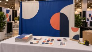 Trade show booth table with a blue, cream, coral, and charcoal geometric backdrop, stacked handouts, sticker sheets, rolls of labels, a small display sign, a QR-style code card, shipping boxes, and a tape measure.