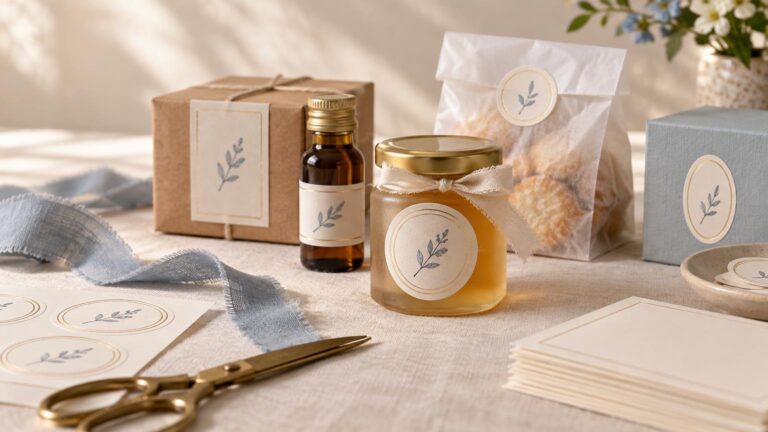 Elegant wedding favor packaging arranged on a linen-covered table, including a labeled honey jar, small amber bottle, kraft and gray gift boxes, a clear treat bag, loose round stickers, and gold scissors in soft natural light.